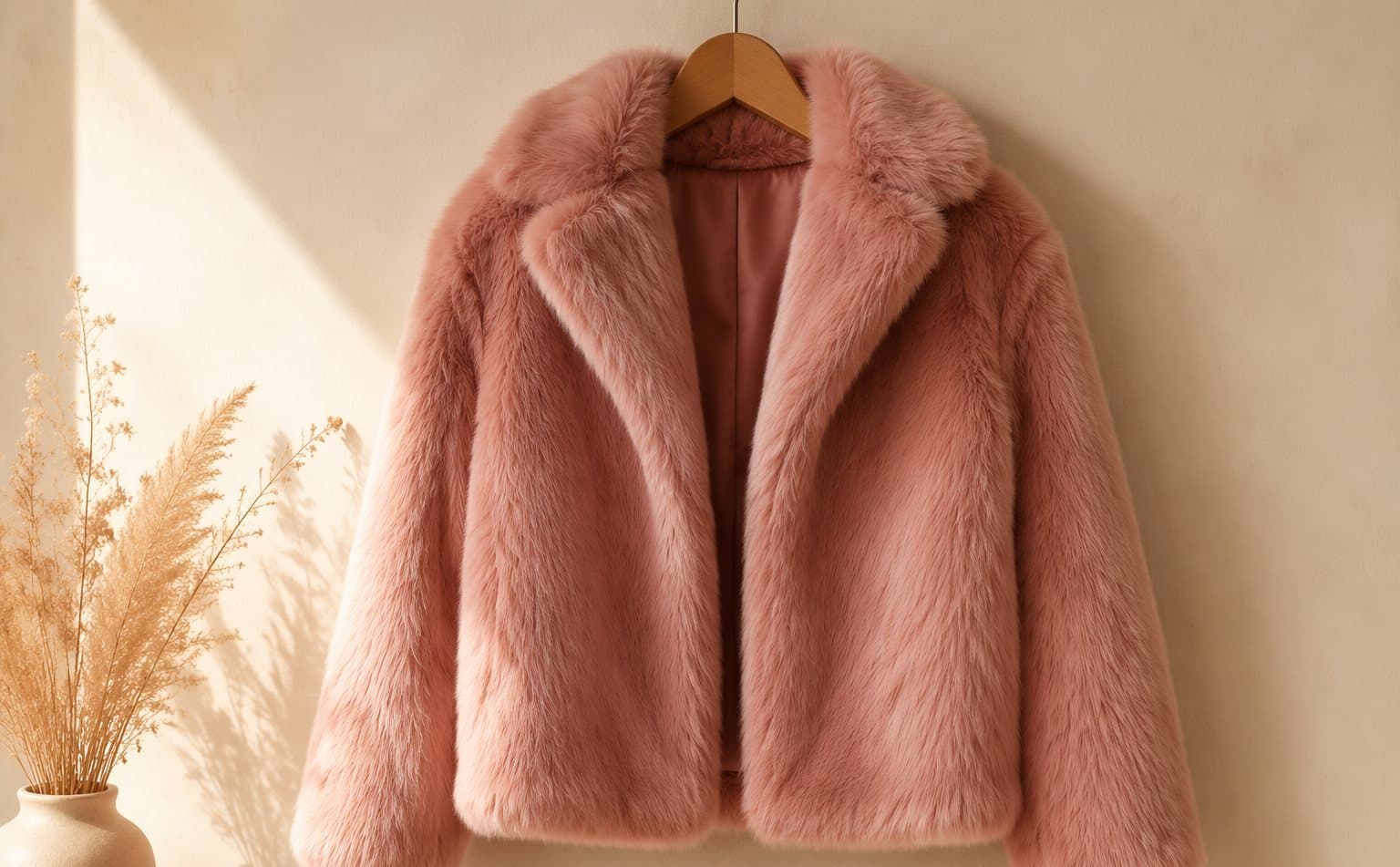 Dusty-pink faux fur jacket on a wooden hanger against a cream wall