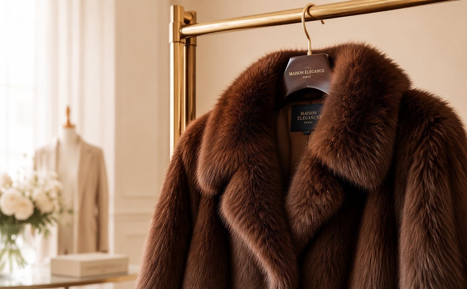 Rich chestnut-brown fur coat on a brass rail in a boutique