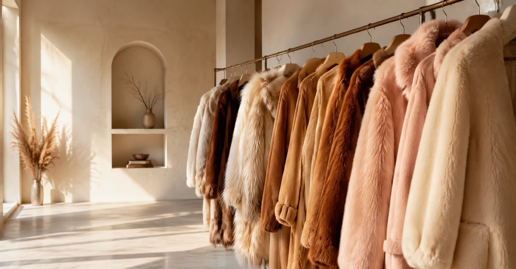 Curated rail of cream, blush and caramel fur coats in a sunlit boutique